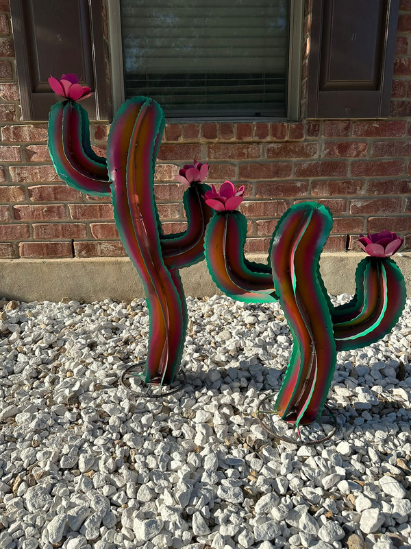 Handmade Rainbow Metal Cactus, Metal Yard Art, Outdoor Decor Best Gift Ideas - Set of 2