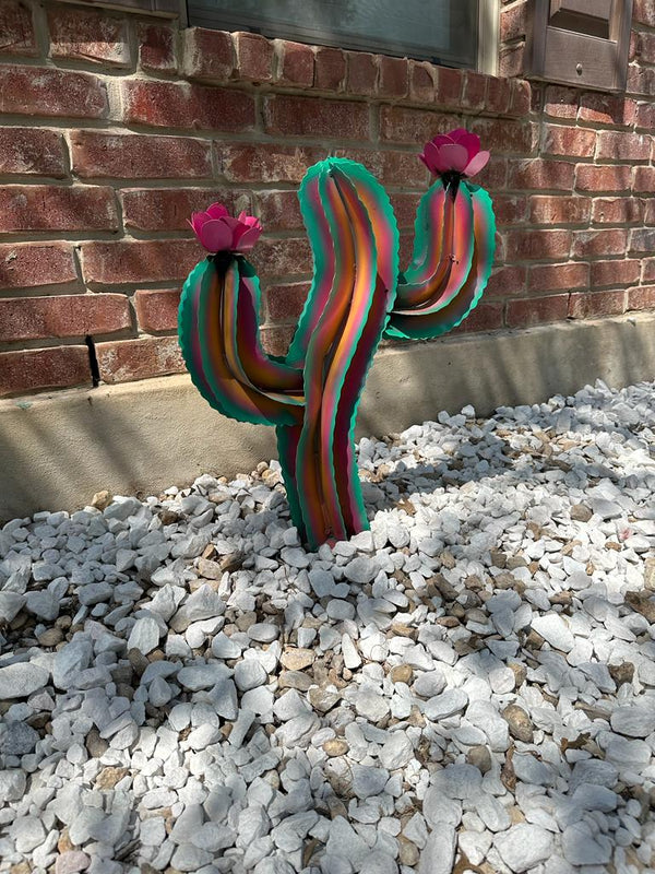 Handmade Rainbow Metal Cactus Yard Art, Outdoor Decor, and Best Gift Ideas - Large