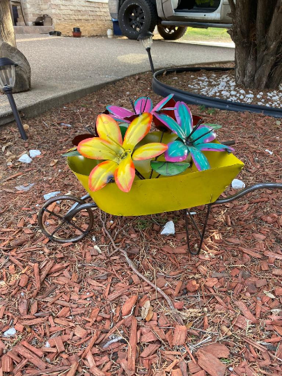 Wheelbarrow Metal Garden Art -  Wheelbarrow  with  Colorful Flowers, Outdoor Garden Decor