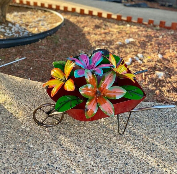 Metal Wheelbarrow Art Garden Sculpture Planter with Colorful Rainbow Flowers