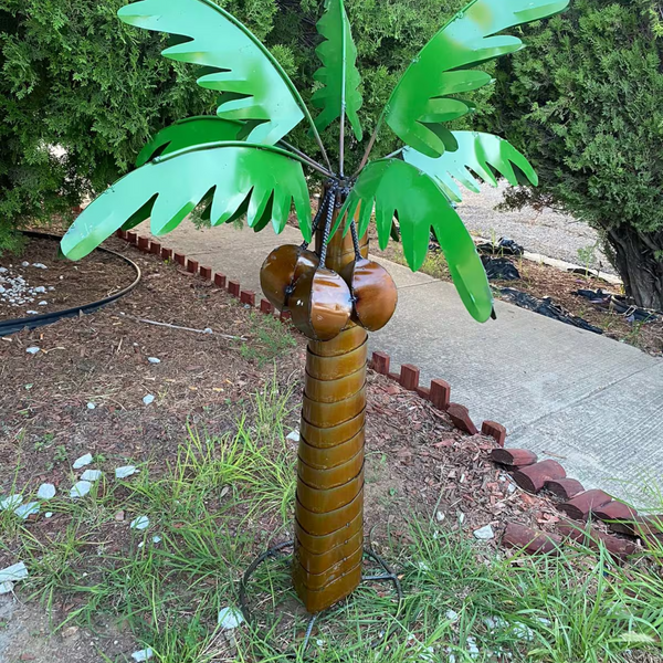 Metal Coconut Palm Tree Yard Art, Tropical Outdoor Decor and Garden Ornament