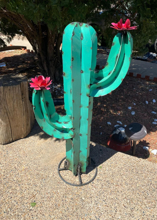 Metal Saguaro Cactus - Handmade Metal Cactus, Turquoise, Metal Yard Art, Outdoor Decor Best for Birthday- Anniversary Gifts