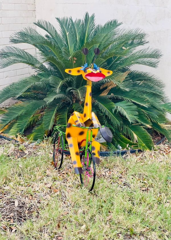 Metal Giraffe on Bicycle Yard Art- Decorative Garden Art- Father's Day Gift- Gift for Dad